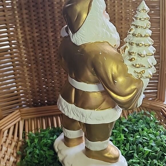 Vintage Matte Gold Tone Santa With Tree & Bell - Picture 7 of 12